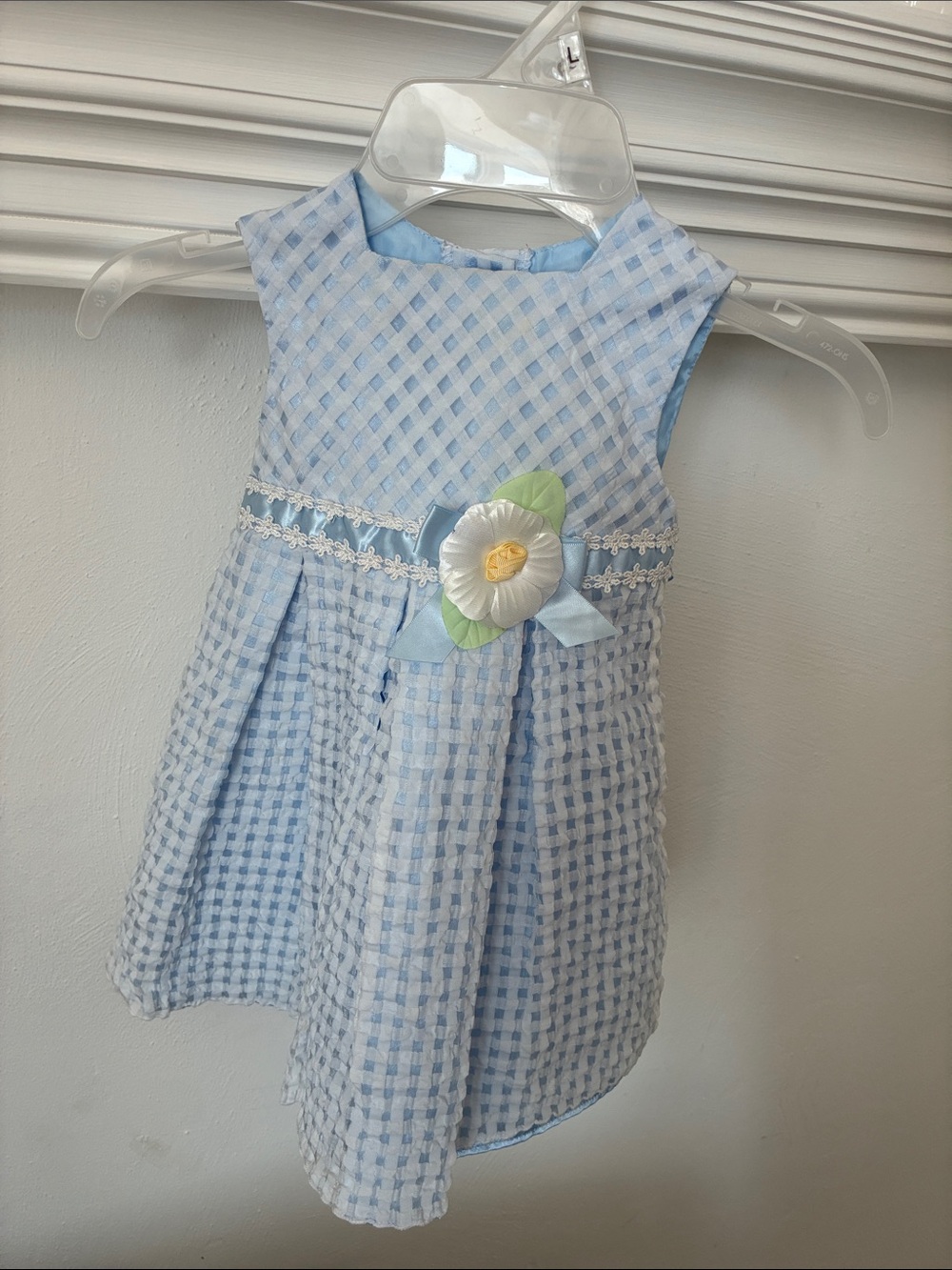 George Light Blue Gingham Dress with Flower Accent